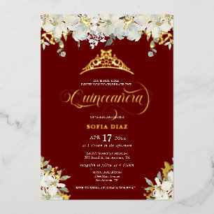 Elegant Red Quinceañera Floral Gold Folie Uitnodiging