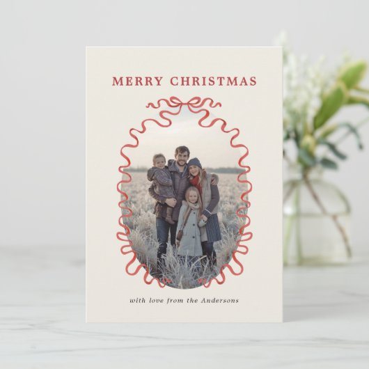 Elegant Red Ribbon Family Photo Christmas Card Feestdagenkaart (Staand voorkant)