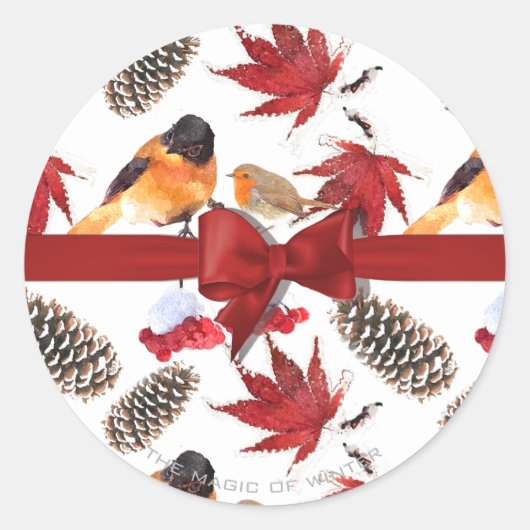 Elegant Red Ribbon Waterverf Winter Pattern Ronde Sticker (Voorkant)