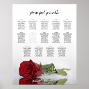 Elegant Red Rose 14 Table Wedding Seating Chart Poster