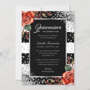 Elegant Red Rose Black Silver Confetti Quinceañera Kaart