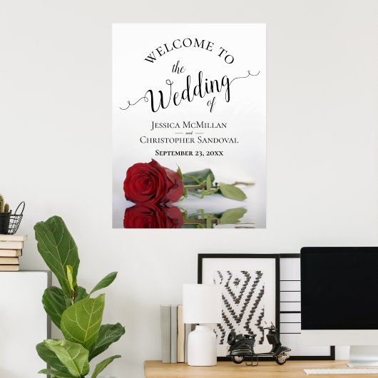 Elegant Red Rose & Calligraphy Weddenschap Welkom Poster (Thuiskantoor)