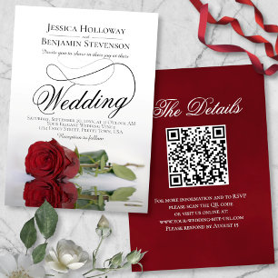 Elegant Red Rose Fancy Script QR Code Weddenschap Kaart