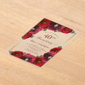 Elegant Red Rose Floral Gold 40th Anniversary Acryl Uitnodigingen (Laagn)