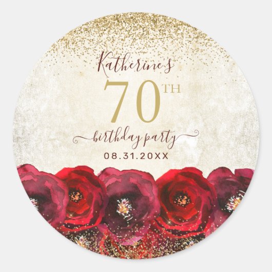 Elegant Red Rose Floral Gold 70th Birthday Party Ronde Sticker (Voorkant)