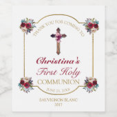 Elegant Red Rose Floral Gold First Heilige Communi Wijn Etiket (Enkel label)