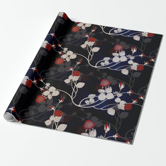 Elegant Red Rose Flower Pattern Black Cadeaupapier (Uitgerold)