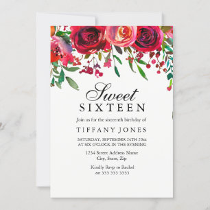 Elegant Red Rose Flower Sweet 16-jarige uitnodigin Kaart