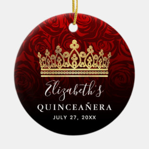 Elegant Red Rose Gold Crown Quinceanera Keramisch Ornament