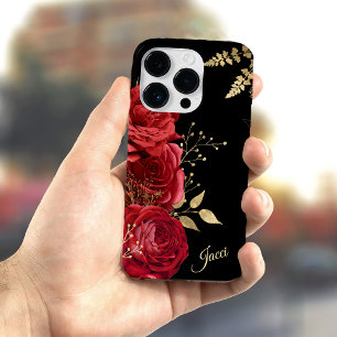 Elegant Red Rose Gold Leaf Case-Mate iPhone 14 Pro Hoesje