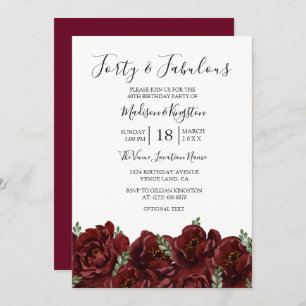 Elegant Red Rose Leaf Modern 50th Birthday Invite Kaart
