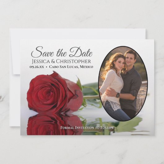 Elegant Red Rose met Oval Photo Weddenschap Save The Date (Voorkant)
