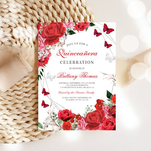 Elegant Red Rose Quinceañera Invitation