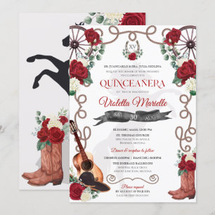 Elegant Red Rose Rustic Mariachi Charro Quinceanos Kaart