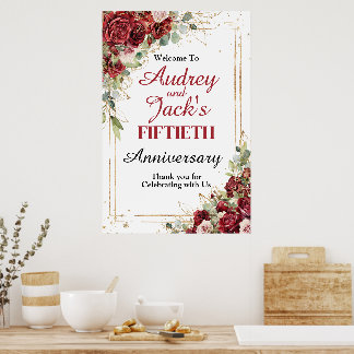 Elegant Red Roses Anniversary Welcome Sign Poster