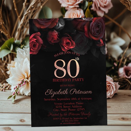 Elegant Red Roses Black 80th Birthday Kaart