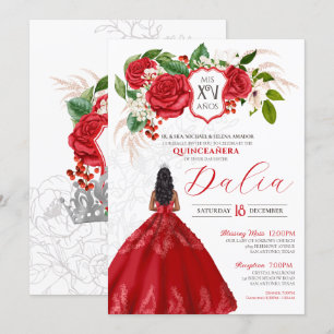 Elegant Red Roses Floral Crest Formal Quinceañera Kaart