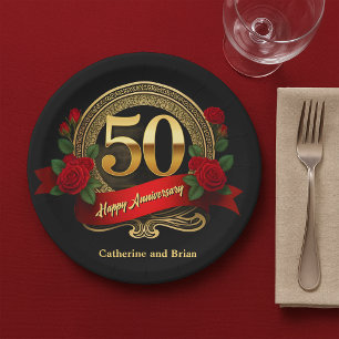 Elegant Red Roses & Gold 50ste bruiloft Jubileum Papieren Bordje