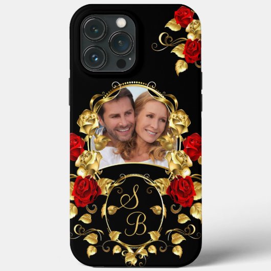 Elegant Red Roses Gold Black Photo Monogram Case-Mate iPhone Case (Achterkant)