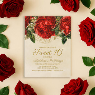 Elegant Red Roses Tan Sweet 16 Birthday Invitation Briefkaart