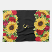 Elegant Red Roses Yellow Sunflower Monogram Theedoek (Horizontaal)