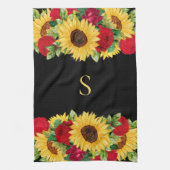 Elegant Red Roses Yellow Sunflower Monogram Theedoek (Verticaal)