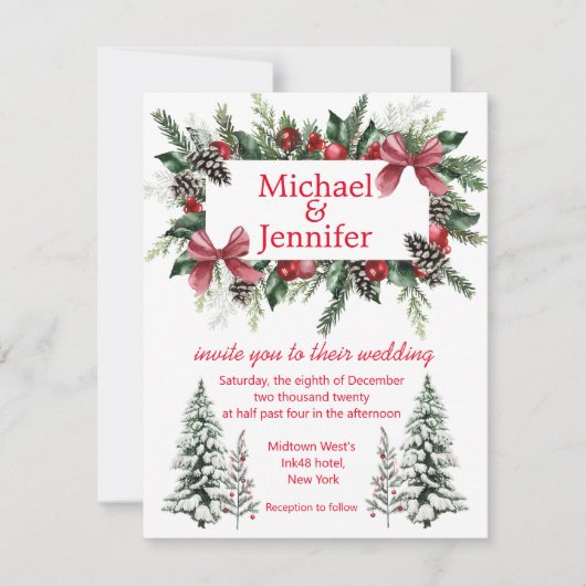 elegant red script kerst greenery bruiloft kaart (Voorkant)