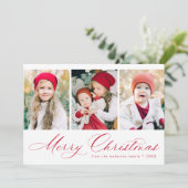 Elegant Red Script Merry Kerstmis 3 Foto Feestdagenkaart (Staand voorkant)