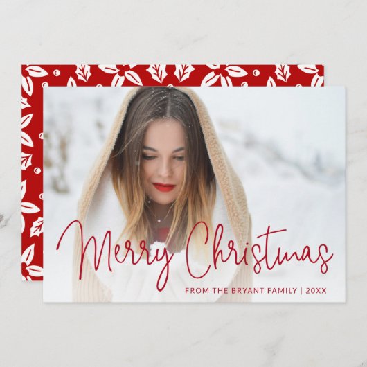 Elegant Red Script Photo Merry Kerstry Feestdagenkaart (Voorkant / Achterkant)