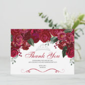 Elegant Red & Silver Floral Quinceanera Hartelijk Bedankkaart (Staand voorkant)