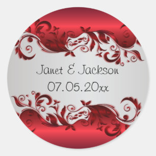 Elegant Red & Silver Florid Wedding Design Ronde Sticker