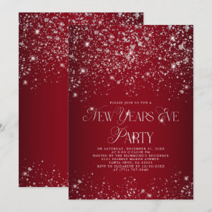 Elegant Red Silver Glitter New Years Eve Party Kaart