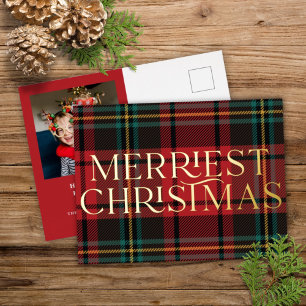Elegant Red Tartan kerstfoto Real Folie Card Feestdagen Briefkaart