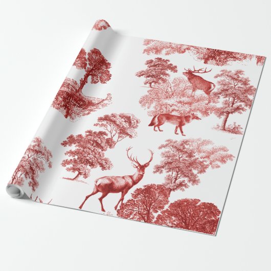 Elegant Red Toile Deer Fox in Forest Cadeaupapier (Uitgerold)
