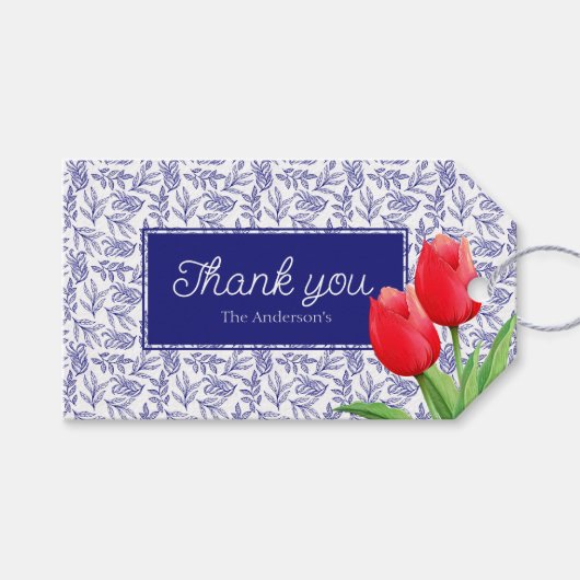 Elegant Red Tulips Spring Floral Blue Cadeaulabel (Voorkant (Horizontaal))