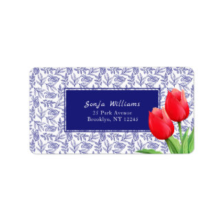 Elegant Red Tulips Spring Floral Blue Etiket