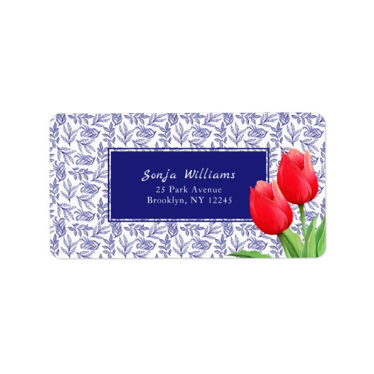 Elegant Red Tulips Spring Floral Blue Etiket (Voorkant)