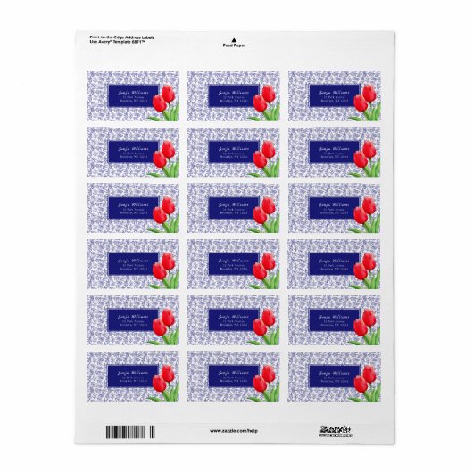 Elegant Red Tulips Spring Floral Blue Etiket (Full Sheet)