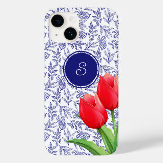 Elegant Red Tulips Spring Floral Blue Monogram Case-Mate iPhone 14 Hoesje