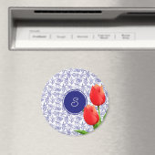 Elegant Red Tulips Spring Floral Blue Monogram Magneet (Insitu (Vaatwasser))