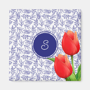 Elegant Red Tulips Spring Floral Blue Monogram Magneet