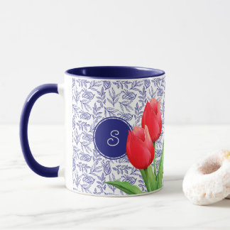 Elegant Red Tulips Spring Floral Blue Monogram Mok