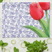 Elegant Red Tulips Spring Floral Blue Monogram nie Theedoek (Gevouwen)