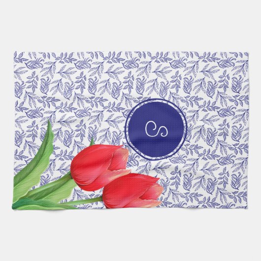 Elegant Red Tulips Spring Floral Blue Monogram nie Theedoek (Horizontaal)
