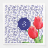 Elegant Red Tulips Spring Floral Blue Monogram Servet (Voorkant)