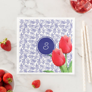 Elegant Red Tulips Spring Floral Blue Monogram Servet