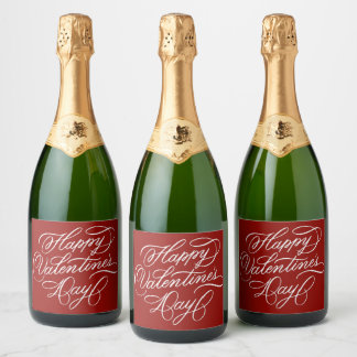 Elegant Red Valentines Day Calligraphy  Sparkling Wijnetiket