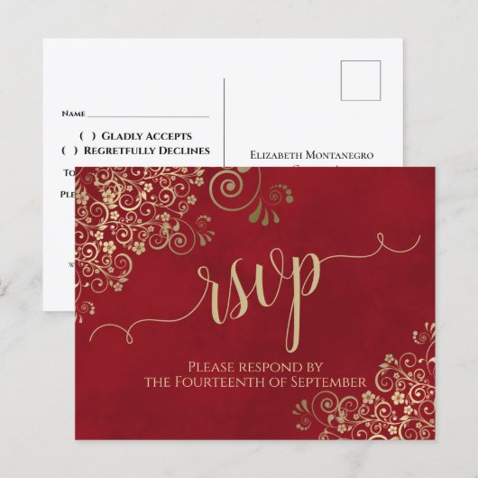 Elegant Red Wedding RSVP Briefkaart (Voorkant / Achterkant)