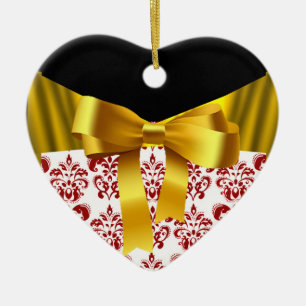 ELEGANT RED WHITE DAMASK GOLD RIBBON MONOGRAM KERAMISCH ORNAMENT