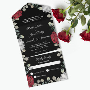 Elegant Red White Floral Greenery Wedding All In One Uitnodiging